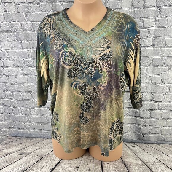 Dressbarn Womens 2X Multicolor Embellished V-Neck Top Beaded Green - Picture 1 of 8
